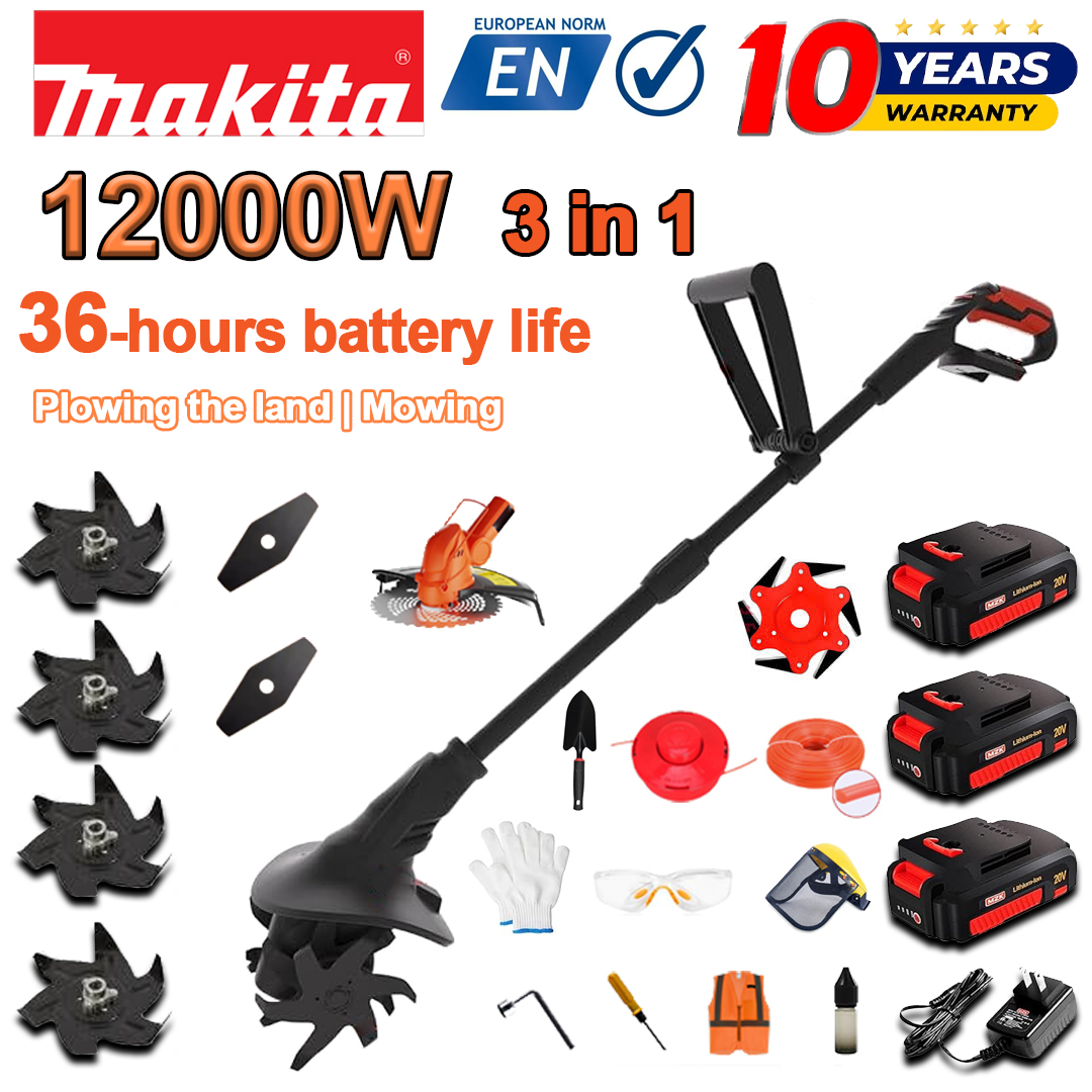 (Durata de viață a bateriei 36h1h) Plug de 12000W + baterie litiu de 96V * 3 + cap de tăiere * 1 + încărcător rapid * 1 + lopată * 1 + cuțit drept * 2 + cuțit de plug * 4 + lamă de ferăstrău din aliaj * 1 + cuțit de tăiere * 1 + frânghie de tăiere * 1 + diverse accesorii