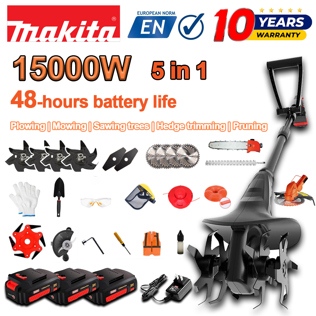 (Durata de viață a bateriei 48 de ore) Plug de 15000W + baterie litiu de 96V * 3 + cap de tăiere * 1 + ferăstrău * 1 + cap de tuns gard viu * 1 + încărcător rapid * 1 + lopată * 1 + cuțit drept * 2 + cuțit de plug * 4 + lamă de ferăstrău din aliaj * 1 + cuțit de tăiere * 1 + diverse accesorii pentru frânghie de tăiere * 1